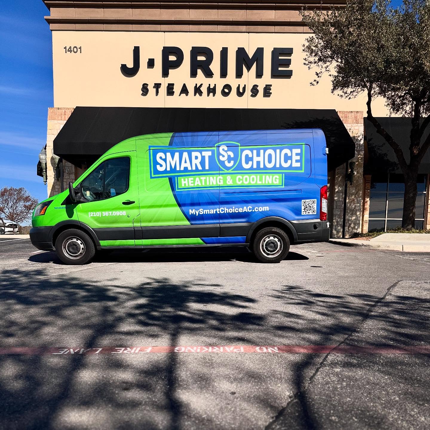 Smart Choice van parked outside J-Prime Steakhouse.