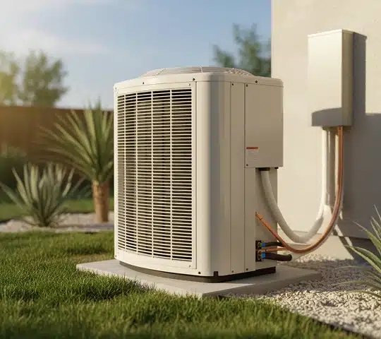 Residential AC condenser unit on a concrete pad after professional installation