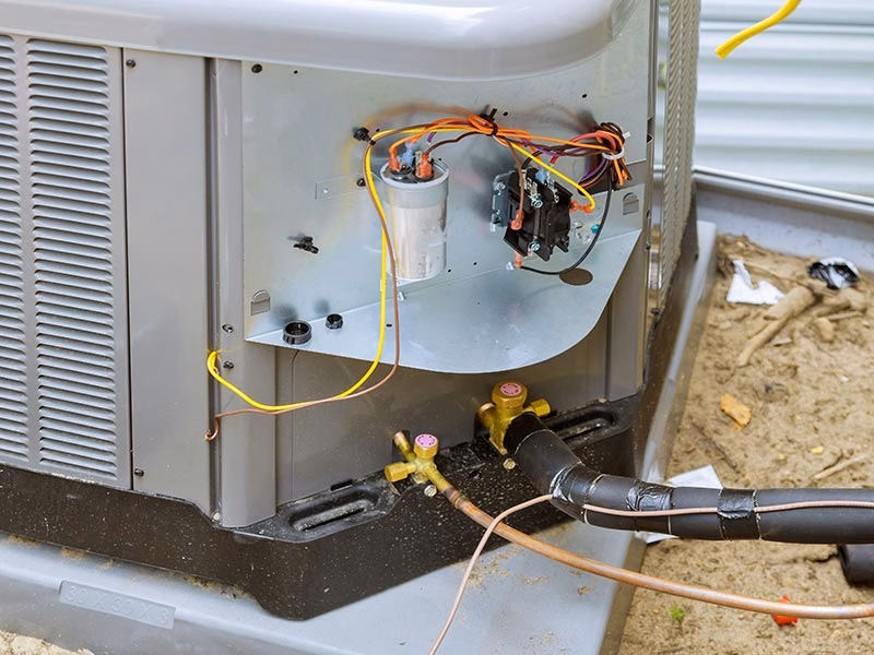 Open outdoor AC condenser with exposed wiring during a repair in San Antonio