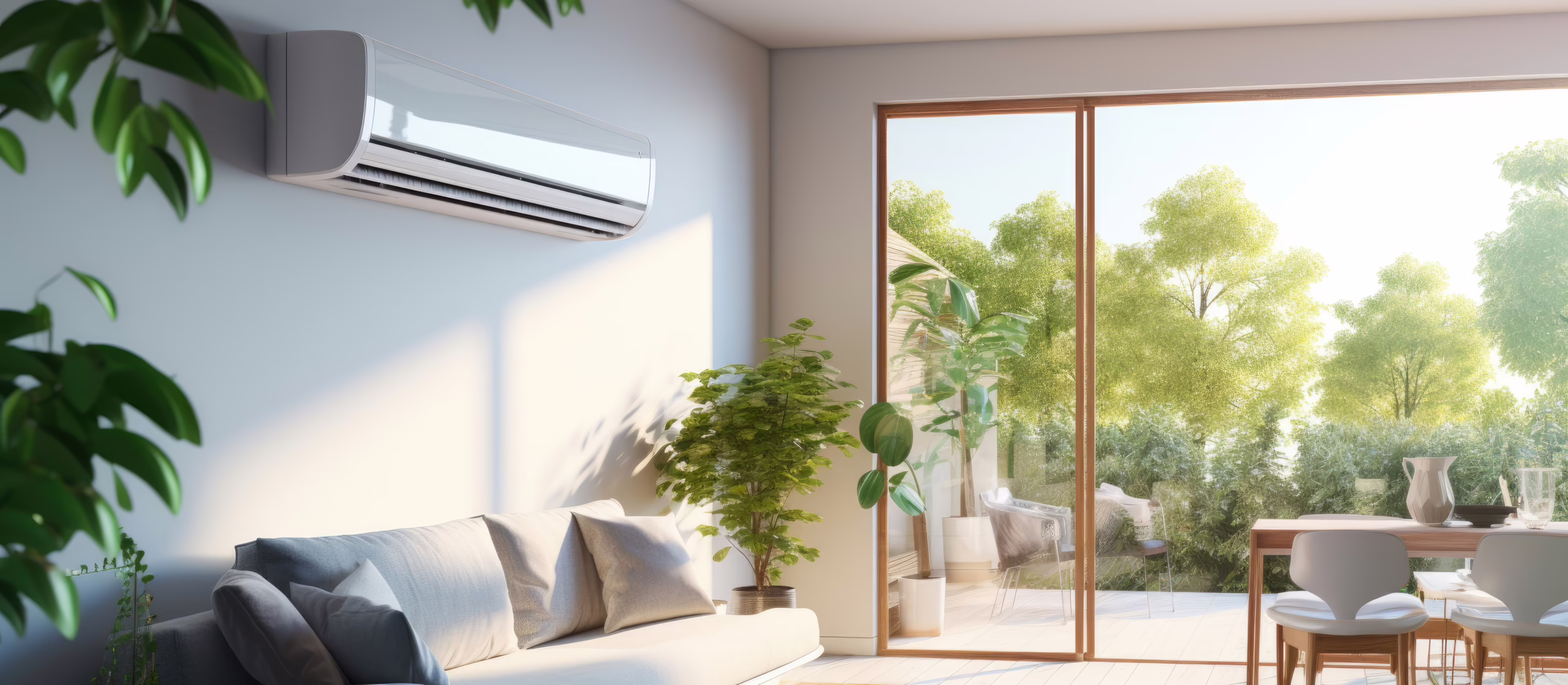 Wall mounted ductless mini split cooling a bright living room with patio doors